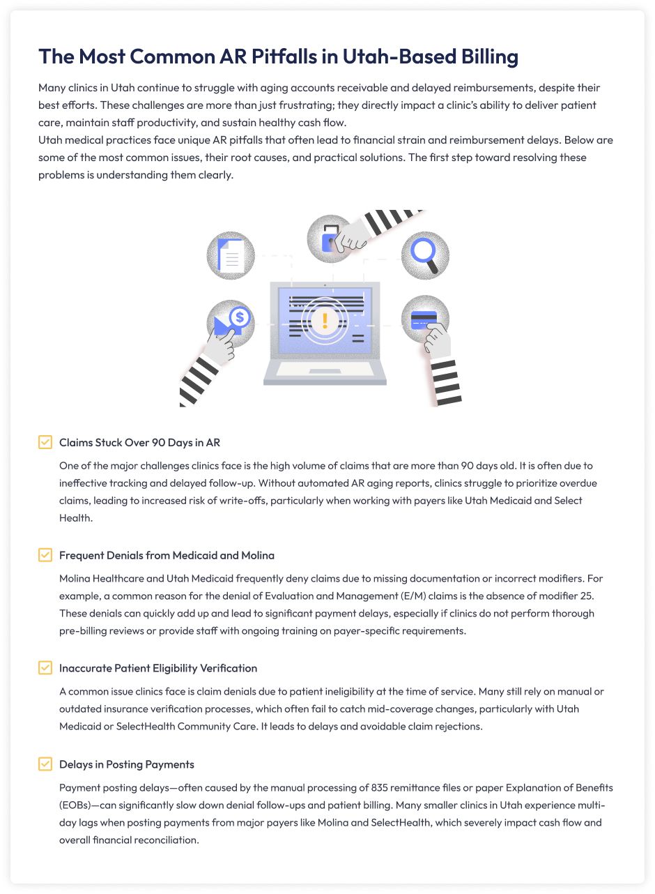 Infographic: Common AR pitfalls for Utah clinics, including aging claims, Medicaid denials, eligibility errors, and payment delays, with actionable solutions.