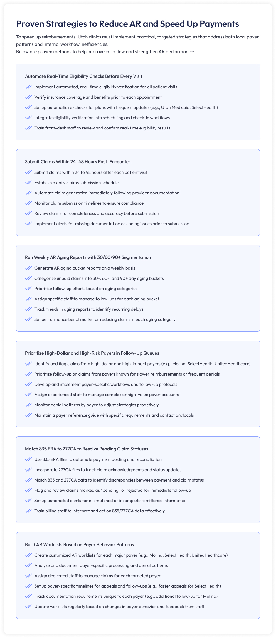 Infographic: Proven strategies to reduce AR and speed up payments for Utah clinics, including real-time eligibility checks, fast claims submission, and payer-specific follow-ups.