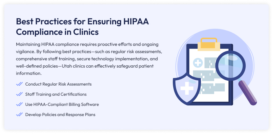 Infographic on HIPAA compliance best practices for clinics, including risk assessments, staff training, and secure software